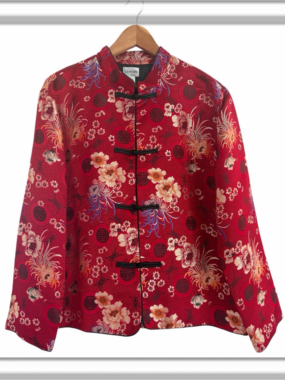 Chico's Silk Blend Red Floral Tang Jacket Size Large Chico’s 2 Mandaren Collar